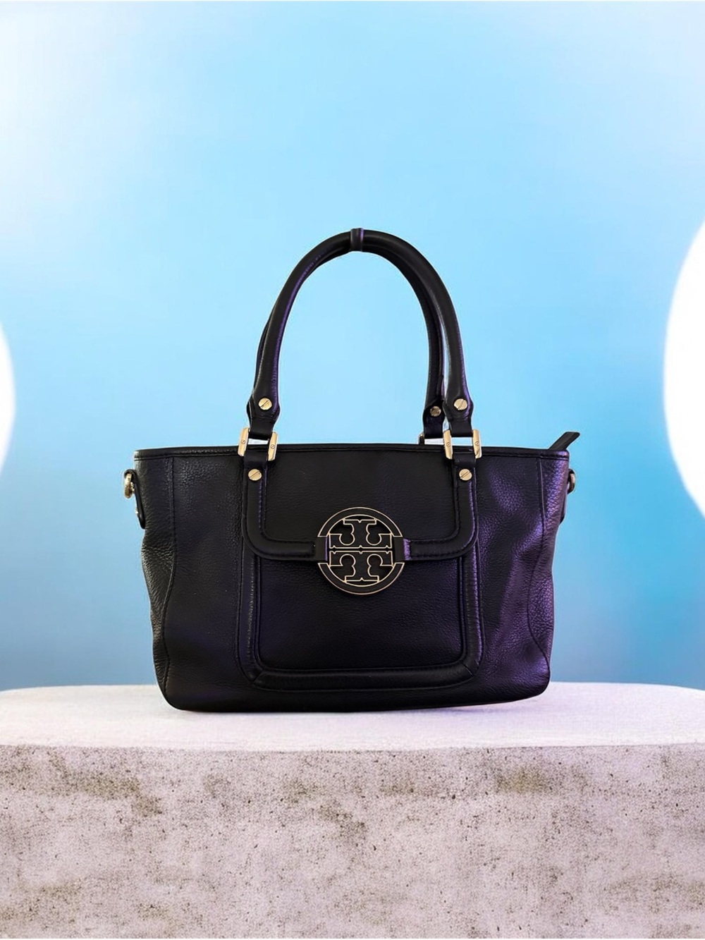 Tory Burch Black Leather Tote Handbag with Gold Accent and Large Emblem. EUC
